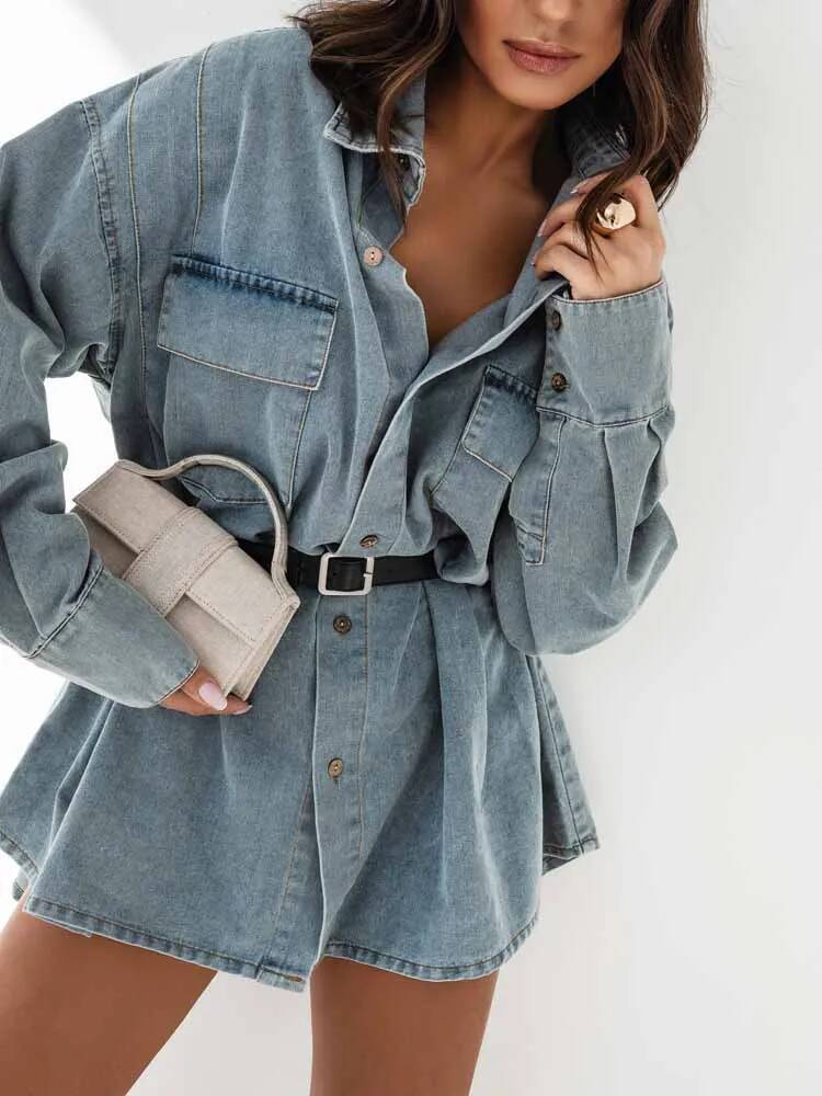 Street Fashion Taiwan - Jaket Kemeja Denim Wanita Oversize Vintage