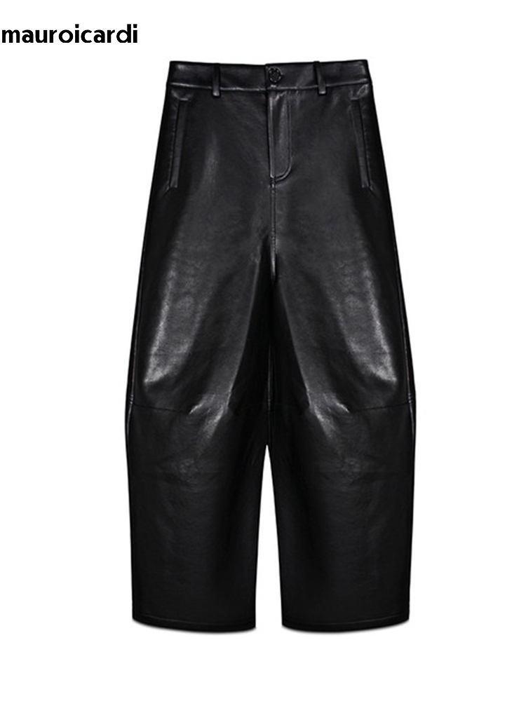 Street Fashion Baggy - Mauroicardi Celana Panjang Kulit PU Hitam